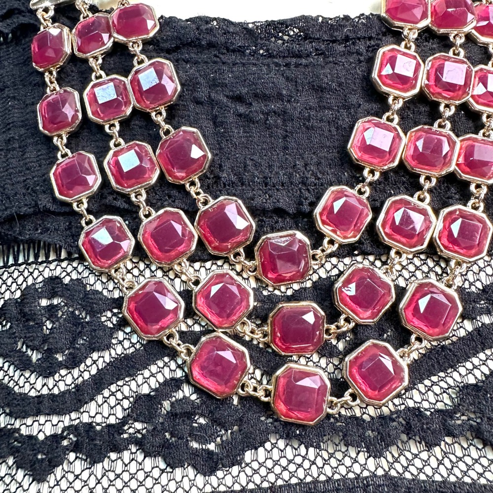Gypsy Fuchsia Pink Gold Tone Multi Strand Tiered Statement Necklace Square Jewel - Picture 2 of 7